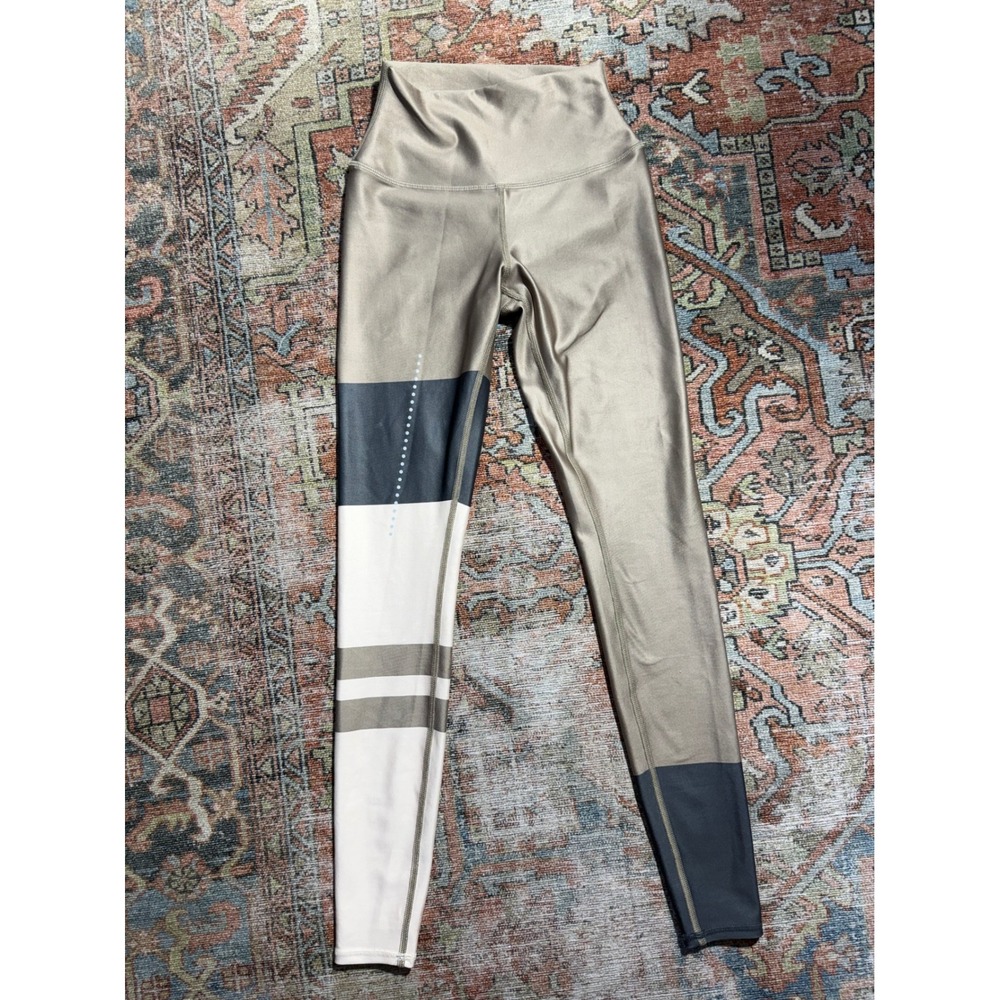 Alo Yoga High Waist Metallic Colorblock Leggings Bronze Grey Cream XS